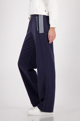 Monari nylon striped pants in marine blue, 83cm length, straight-leg style with striped pocket detailing