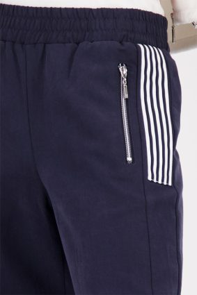 Monari nylon striped pants in marine blue, 83cm length, straight-leg style with striped pocket detailing