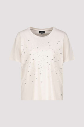 Monari soft beige short sleeve t-shirt with a flattering silhouette worn by a model.