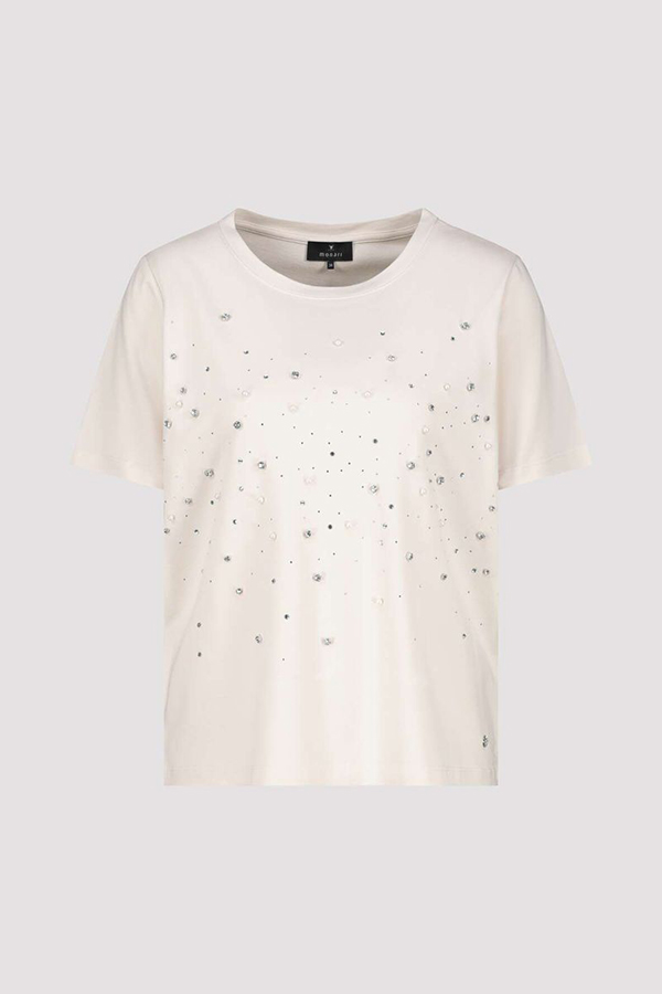 Monari soft beige short sleeve t-shirt with a flattering silhouette worn by a model.