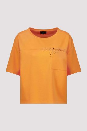 Monari jersey top in warm aperitif orange featuring crystal embellishments and patch pocket detail