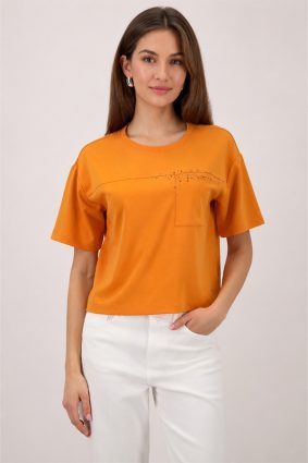 Monari jersey top in warm aperitif orange featuring crystal embellishments and patch pocket detail