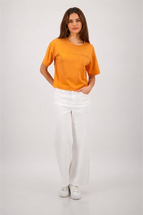 Monari jersey top in warm aperitif orange featuring crystal embellishments and patch pocket detail
