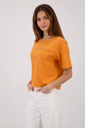 Monari jersey top in warm aperitif orange featuring crystal embellishments and patch pocket detail