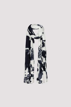 Monari letter and floral print scarf in marine blue and white tones, lightweight patterned viscose fabric