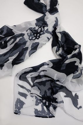 Monari letter and floral print scarf in marine blue and white tones, lightweight patterned viscose fabric