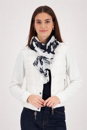 Monari letter and floral print scarf in marine blue and white tones, lightweight patterned viscose fabric