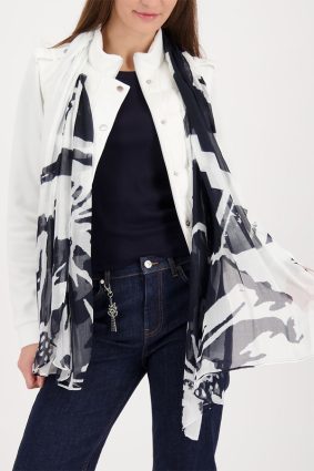 Monari letter and floral print scarf in marine blue and white tones, lightweight patterned viscose fabric