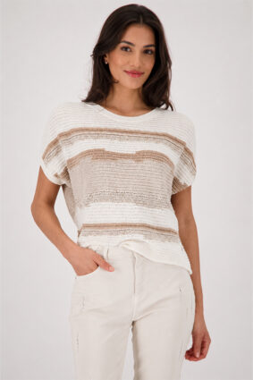 Monari textured mixed sweater in soft beige, cream, and warm camel tones worn by a model.