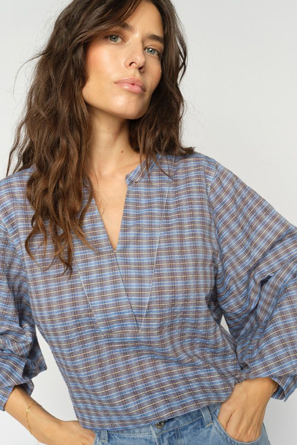 Model wearing Mos Mosh Yen Check Blouse Ultramarine with relaxed silhouette