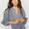 Model wearing Mos Mosh Yen Check Blouse Ultramarine with relaxed silhouette