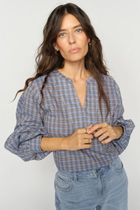 Model wearing Mos Mosh Yen Check Blouse Ultramarine with relaxed silhouette