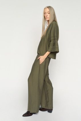 Model wearing Mos Mosh Yen Check Blouse Ultramarine with relaxed silhouette