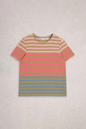 Short-sleeved crewneck t-shirt featuring horizontal stripes in alternating shades of pink, green, and soft blue.