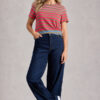 Short-sleeved crewneck t-shirt featuring horizontal stripes in alternating shades of pink, green, and soft blue.
