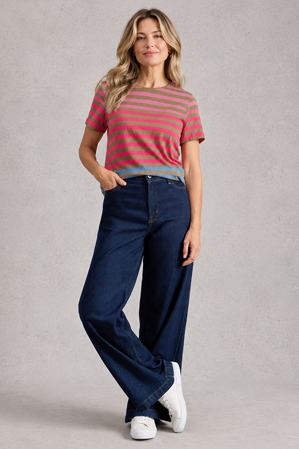 Short-sleeved crewneck t-shirt featuring horizontal stripes in alternating shades of pink, green, and soft blue.