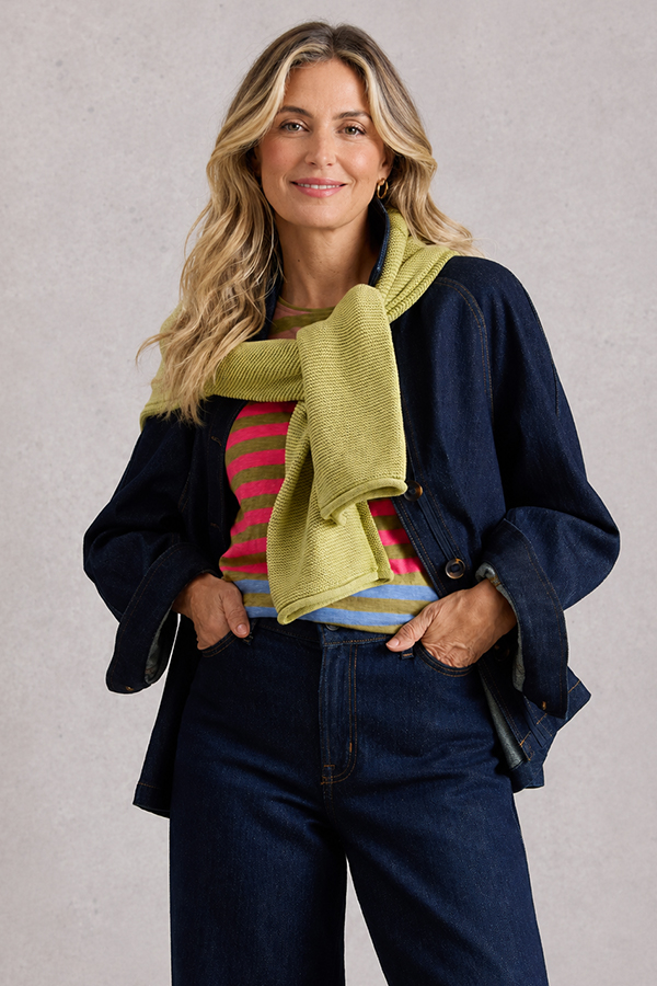 Short-sleeved crewneck t-shirt featuring horizontal stripes in alternating shades of pink, green, and soft blue.