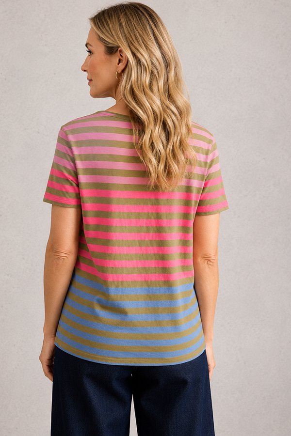 Short-sleeved crewneck t-shirt featuring horizontal stripes in alternating shades of pink, green, and soft blue.