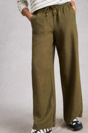 Khaki green wide-leg linen trousers with an elasticated drawstring waistband.