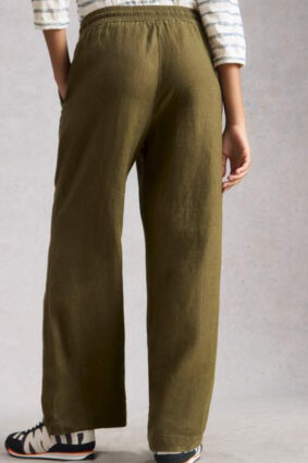 Khaki green wide-leg linen trousers with an elasticated drawstring waistband.