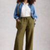 Khaki green wide-leg linen trousers with an elasticated drawstring waistband.