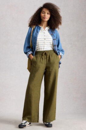 Khaki green wide-leg linen trousers with an elasticated drawstring waistband.