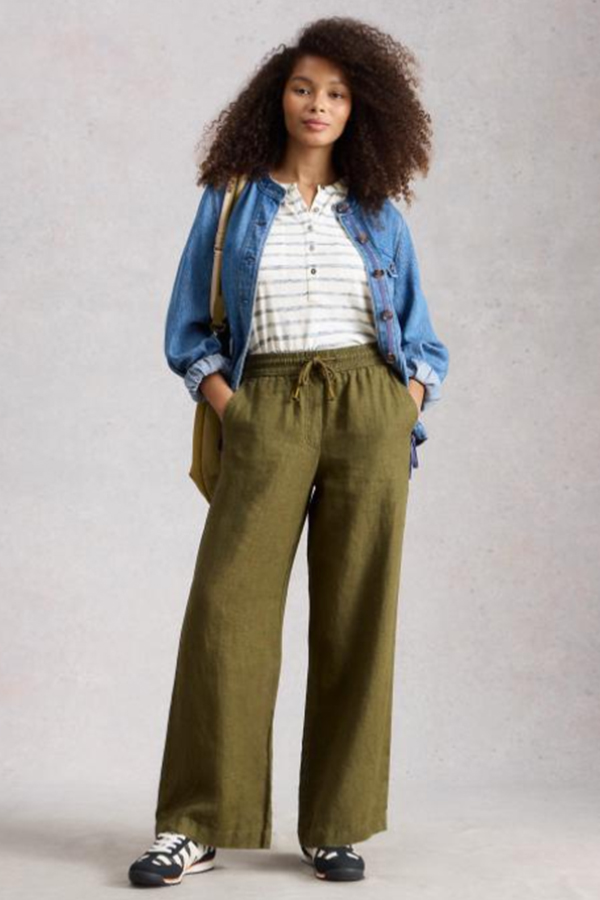 Khaki green wide-leg linen trousers with an elasticated drawstring waistband.