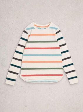 White Stuff Clara LS Stripe Tee Ivory Mlt featuring horizontal stripes in alternating navy, green, orange-red, and ivory bands.
