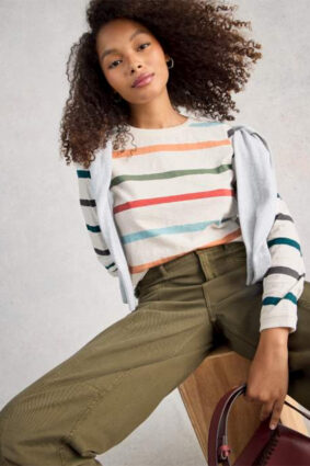 White Stuff Clara LS Stripe Tee Ivory Mlt featuring horizontal stripes in alternating navy, green, orange-red, and ivory bands.