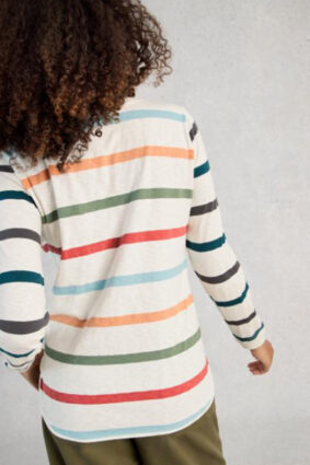 White Stuff Clara LS Stripe Tee Ivory Mlt featuring horizontal stripes in alternating navy, green, orange-red, and ivory bands.