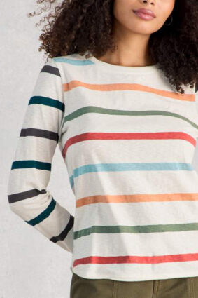 White Stuff Clara LS Stripe Tee Ivory Mlt featuring horizontal stripes in alternating navy, green, orange-red, and ivory bands.