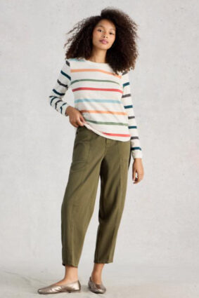 White Stuff Clara LS Stripe Tee Ivory Mlt featuring horizontal stripes in alternating navy, green, orange-red, and ivory bands.
