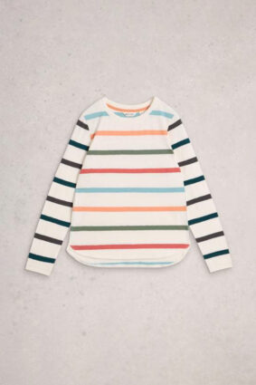 White Stuff Clara LS Stripe Tee Ivory Mlt featuring horizontal stripes in alternating navy, green, orange-red, and ivory bands.