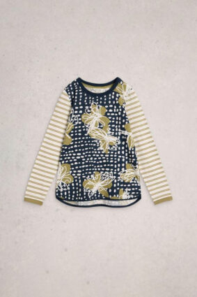 White Stuff Clara long sleeve green patchwork print t-shirt on model