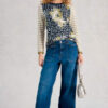 White Stuff Clara long sleeve green patchwork print t-shirt on model