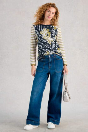 White Stuff Clara long sleeve green patchwork print t-shirt on model