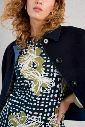 White Stuff Clara long sleeve green patchwork print t-shirt on model