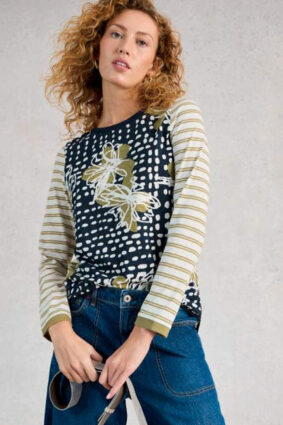 White Stuff Clara long sleeve green patchwork print t-shirt on model