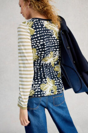 White Stuff Clara long sleeve green patchwork print t-shirt on model