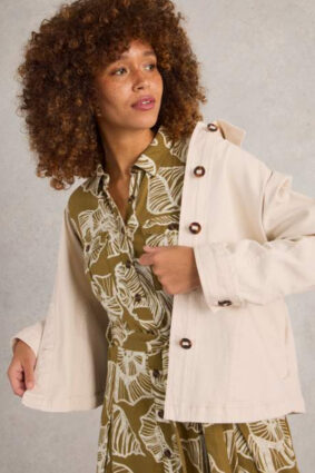 White Stuff Eden Denim Jacket Lgt Nat on model