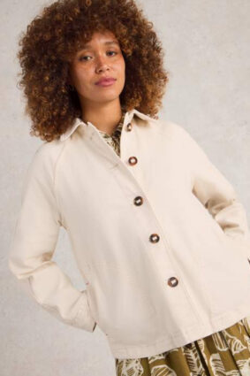 White Stuff Eden Denim Jacket Lgt Nat on model