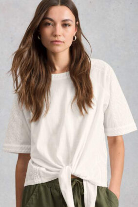 White Stuff Embroidered Tie Hem Top Bril White on model