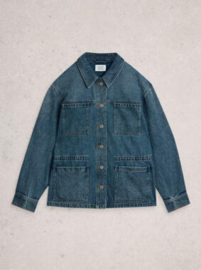 White Stuff Luna Denim Jacket Mid Denim on model