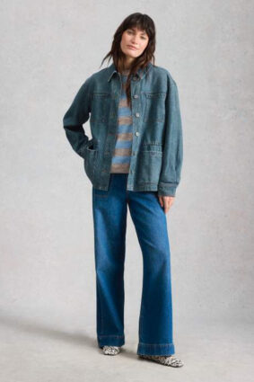 White Stuff Luna Denim Jacket Mid Denim on model