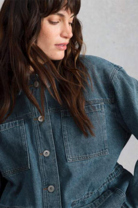 White Stuff Luna Denim Jacket Mid Denim on model