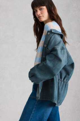 White Stuff Luna Denim Jacket Mid Denim on model