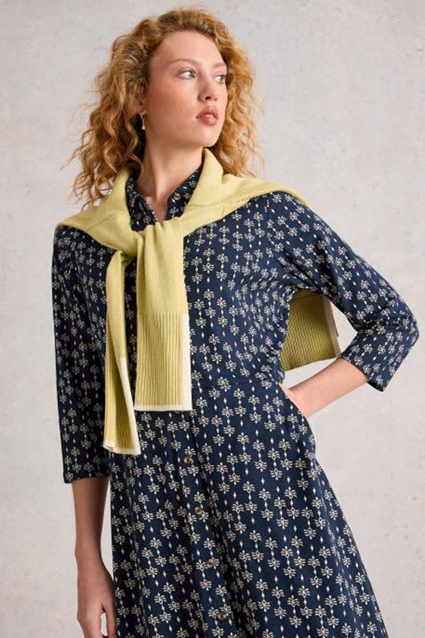 White Stuff Rua Jersey Shirt Dress Navy PR on model