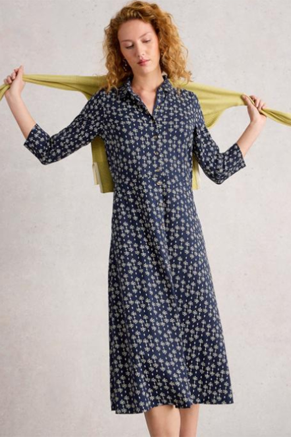 White Stuff Rua Jersey Shirt Dress Navy PR on model