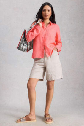 White Stuff Sophie Linen Shirt Mid Coral on model