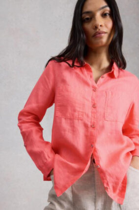 White Stuff Sophie Linen Shirt Mid Coral on model